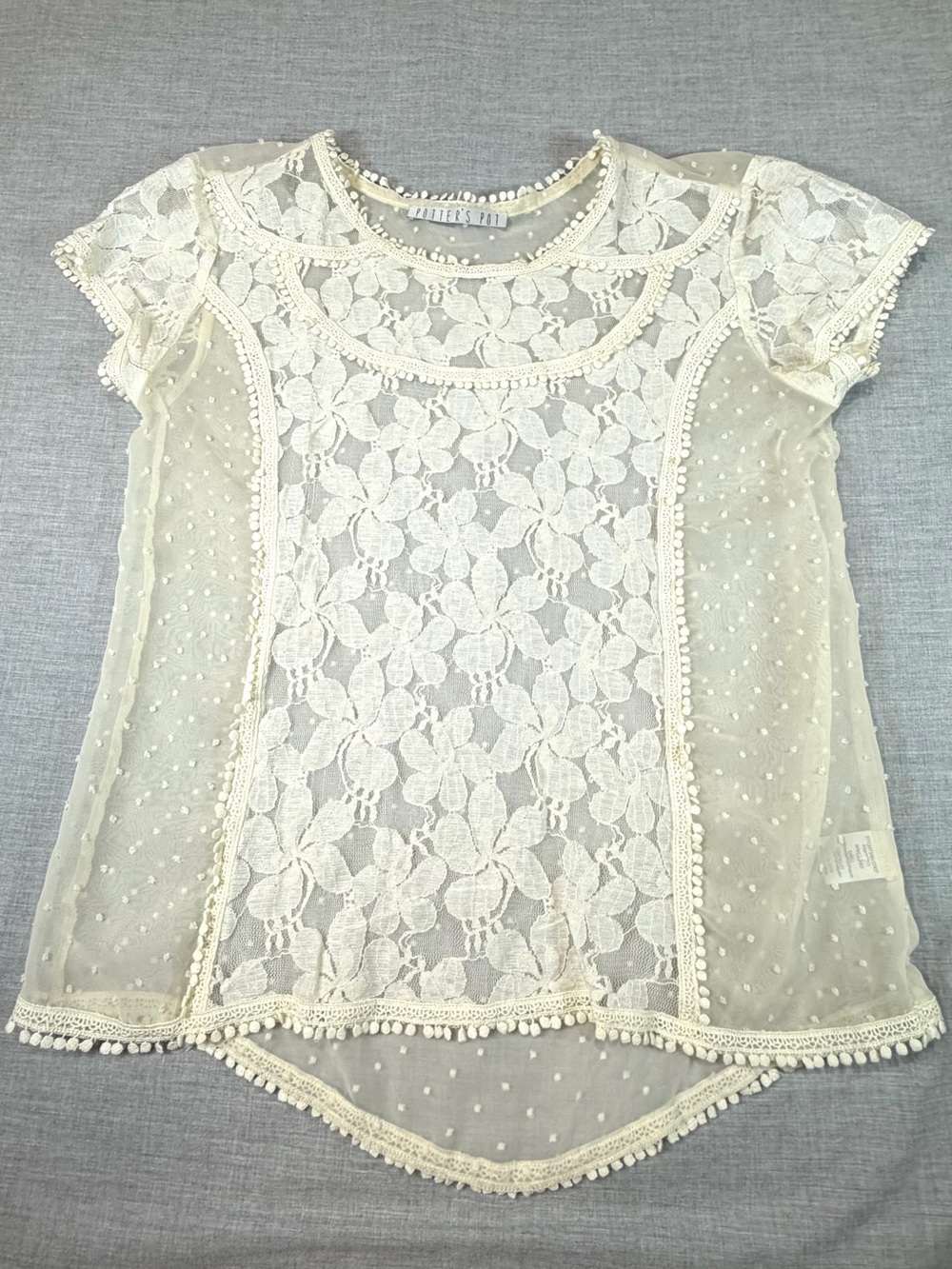 Potter's Pot Cream Lace Overlay Short Sleeve Top